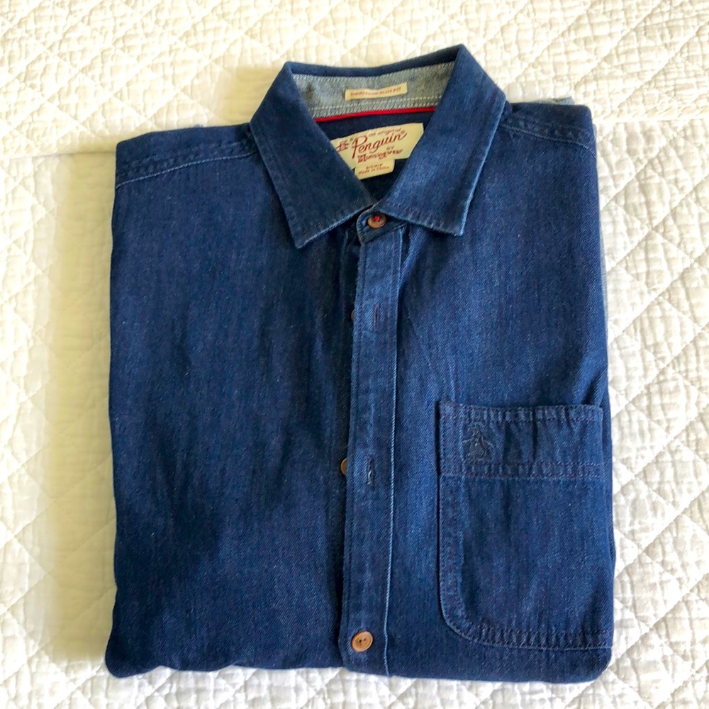 Mens blue denim Penguin long sleeves shirt.